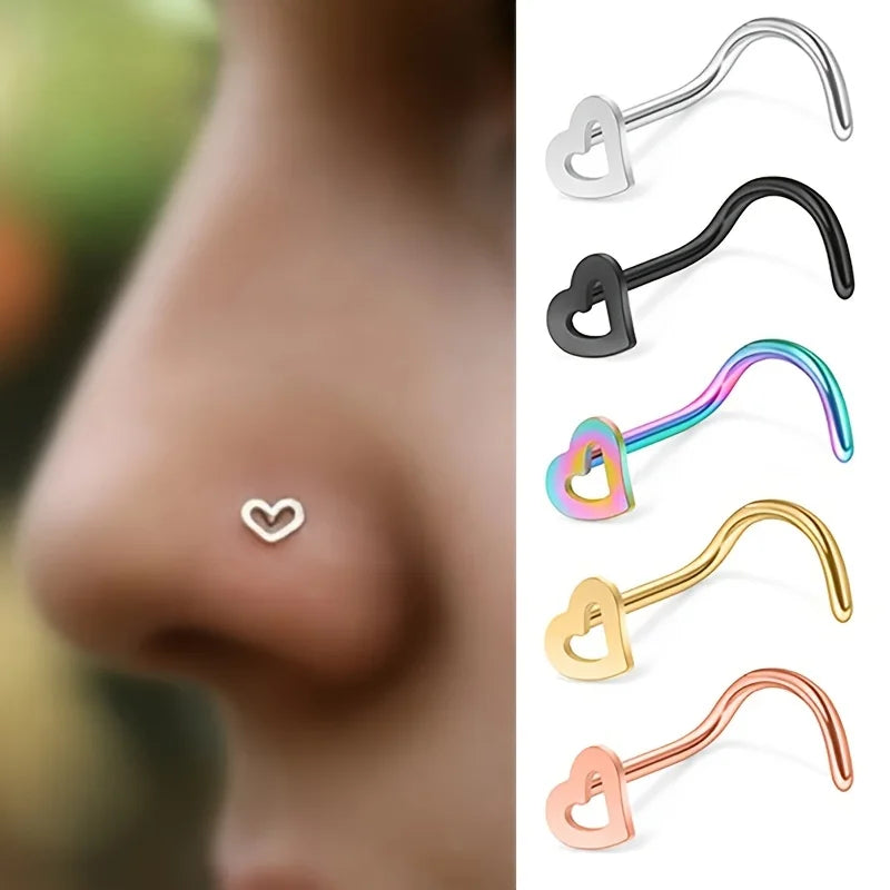 Trendy Nose Ring Hollow Heart 5pc-Set Stainless Steel (5 colors available)