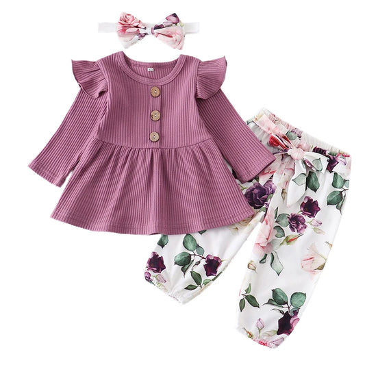 Infant/Toddler Girls 3pc-Set Long Sleeve Top - Floral Pants - Headband (3-24mo)