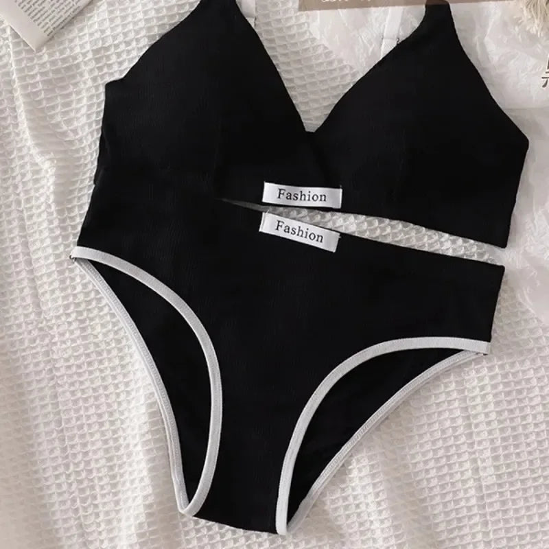 Sport 2pc Cotton Bralette - Vneck Brassiere Bra / Briefs Low Waist Panty