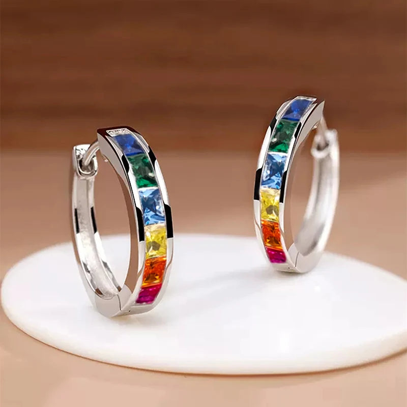 Elegant Classic Princess Cut Hoop Earrings - Diamonds & Colored Stones