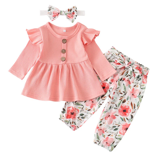 Infant/Toddler Girls 3pc-Set Long Sleeve Top - Floral Pants - Headband (3-24mo)