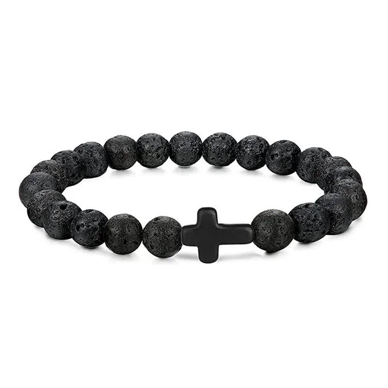 Cross Bracelets - Natural Stone Onyx / Hematite / Wood Beads