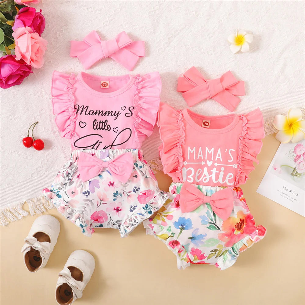 Infant/Toddler Girls 3pc-Set Mommy's Girl Ruffle Sleeve Romper Top / Flower Shorts / Headband (Newborn - 18Mo)