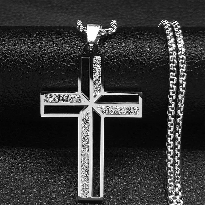 New Fashion Stainless Steel Necklace Diamond Cross Pendant