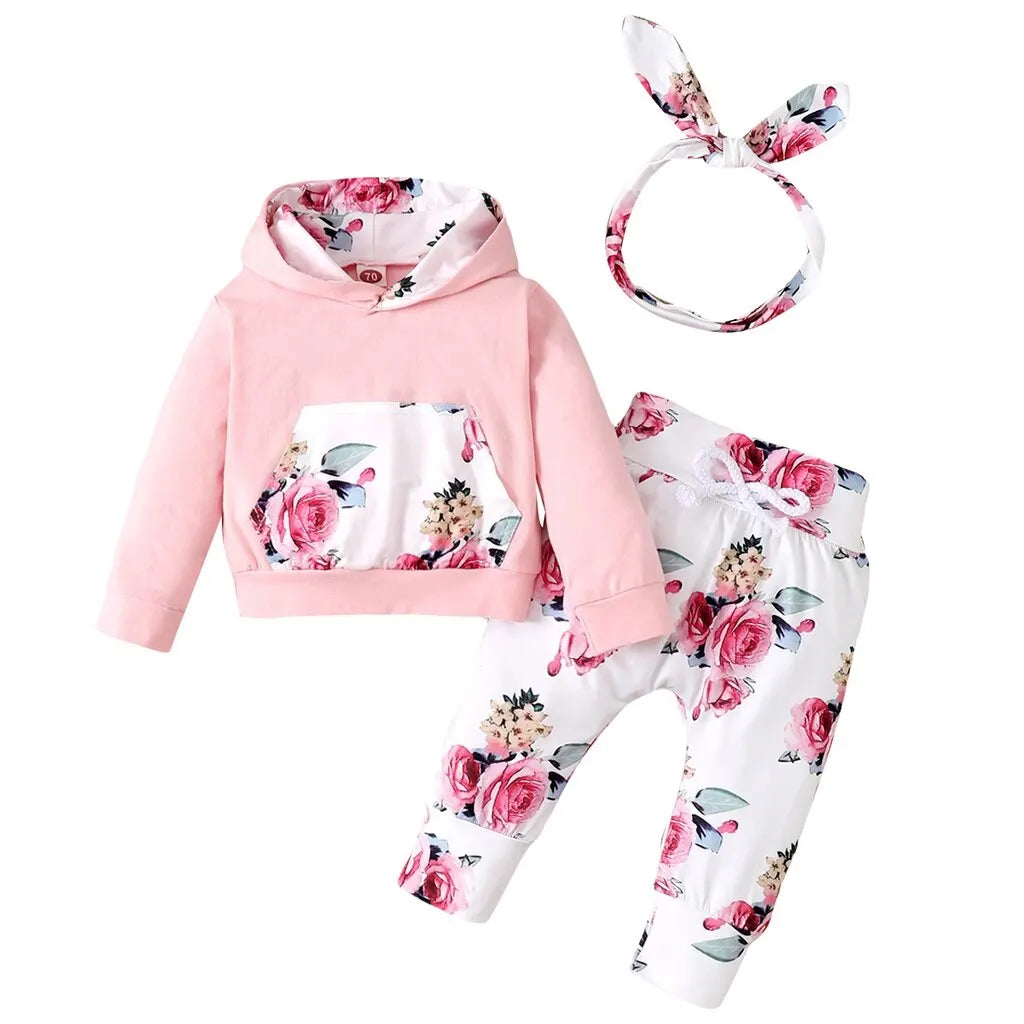 Infant/Toddler Girls 3pc-Set Flowers Print Hooded Long Sleeve Top / Pant / Bowknot Headband (Newborn - 18mo)