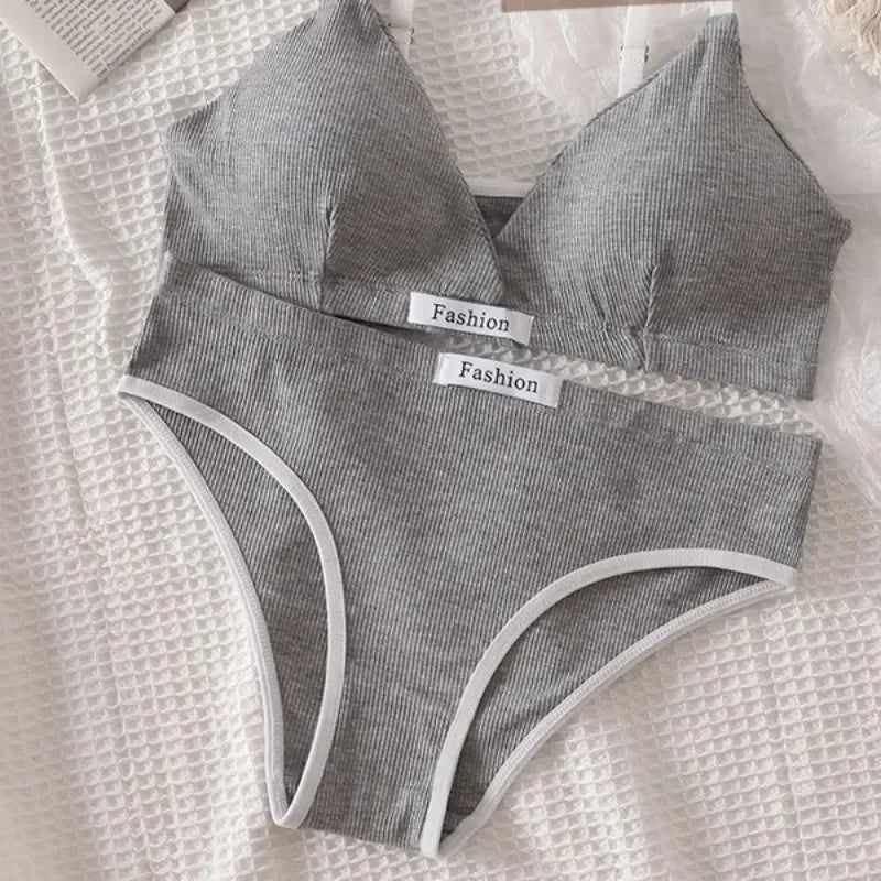 Sport 2pc Cotton Bralette - Vneck Brassiere Bra / Briefs Low Waist Panty