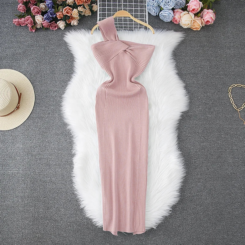 Fashion Trendy One-Shoulder Sleeveless Dress (4 colors avalable)
