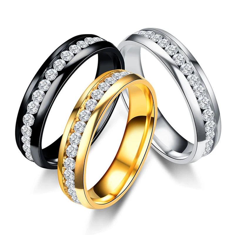 Classy Stainless Steel Diamond Ring - Gold / Rose Gold / Black / Silver - 6mm