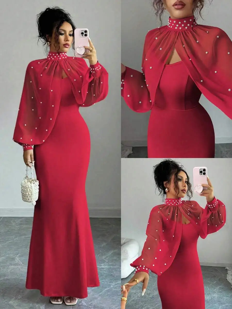Elegant Bodycon Gown with Beaded Sheer Capelet Dress Set (10 colors available)