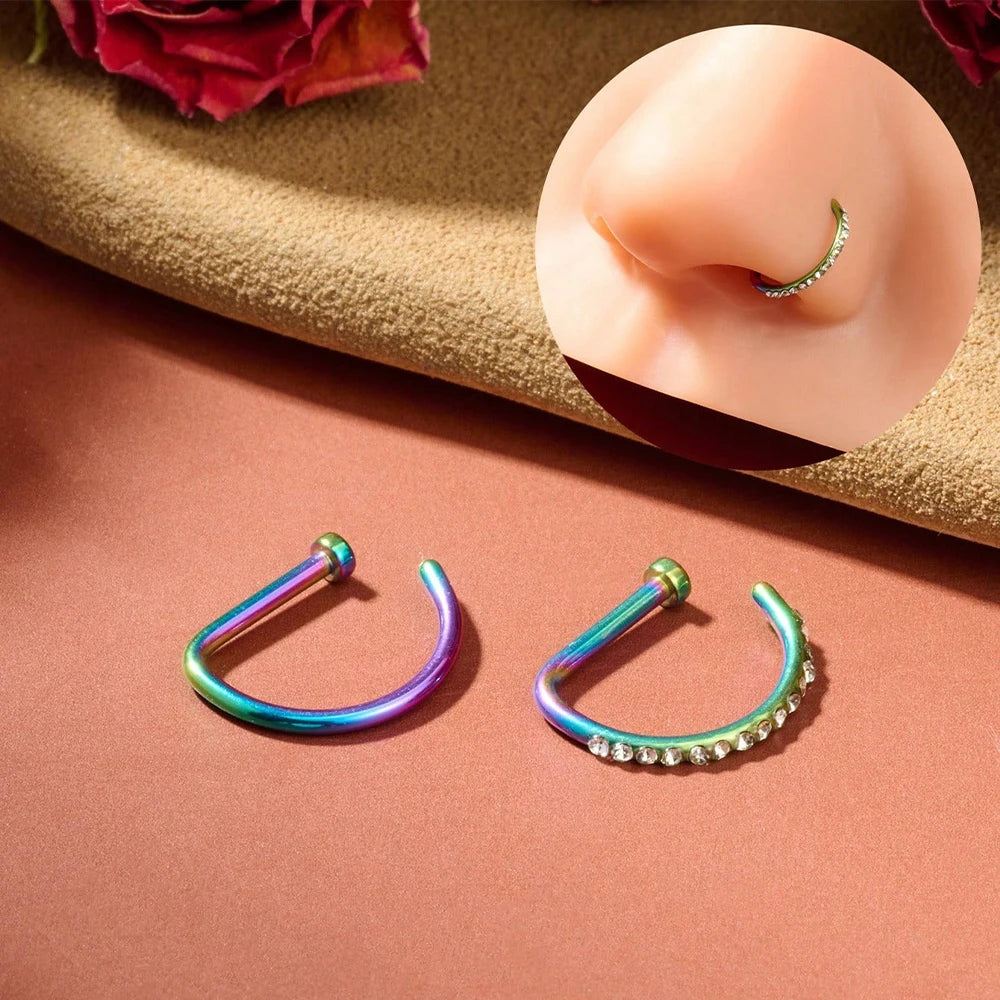 Stylish Fashion Nose Ring Non-Piercing 18G / D-Shaped 2pc Set - Stainless Steel (5 colors available)