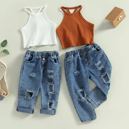Toddler Girls 2pc-Set Summer Pants Outfit Sleeveless Camisole Elastic Waist Ripped Jeans (18mo-6yrs)