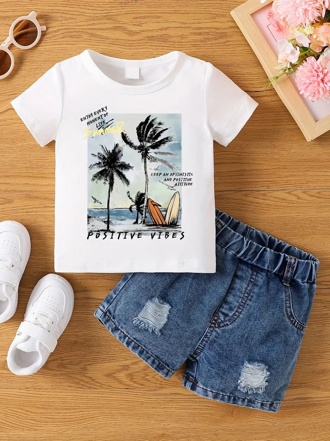 Boys Fashion "Positive Vibes" T-Shirt (Shorts not included)