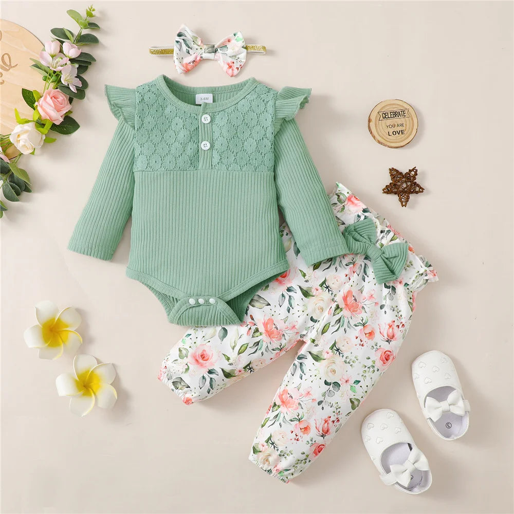 Infant/Toddler Girls 3pc-Set Long Sleeve Romper Top / Flower Pants & Headband (Newborn -18 Months)