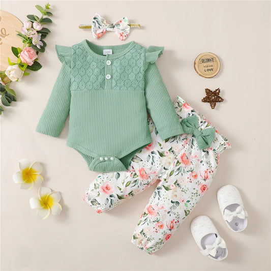 Infant/Toddler Girls 3pc-Set Long Sleeve Romper Top / Flower Pants & Headband (Newborn -18 Months)