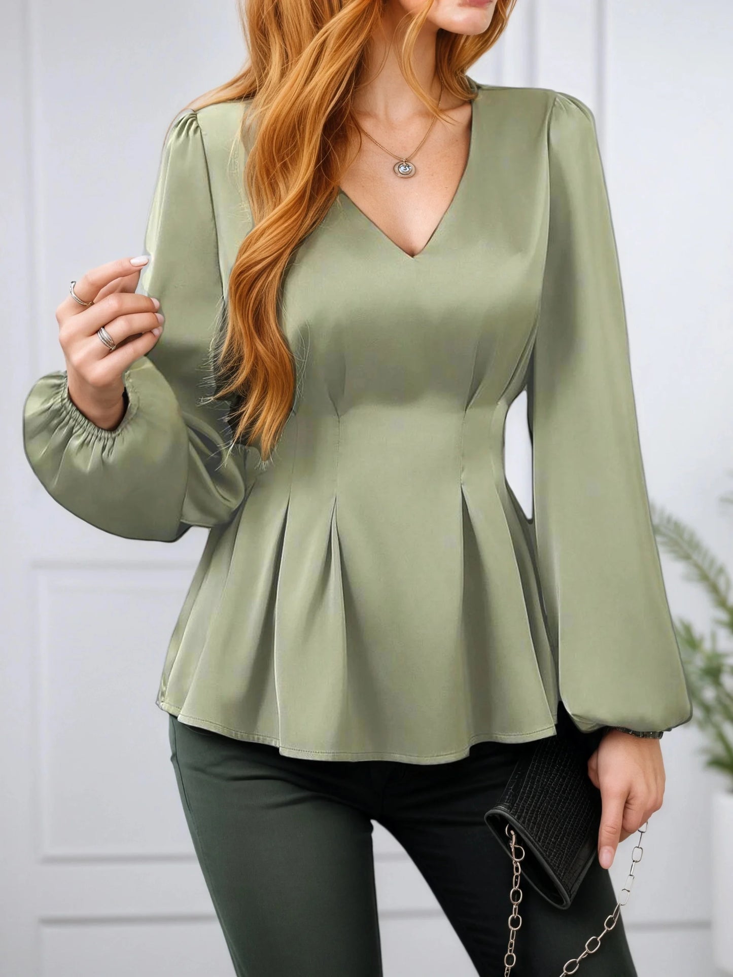 Plus Size Pleated Design Long-Sleeve Elegant Style