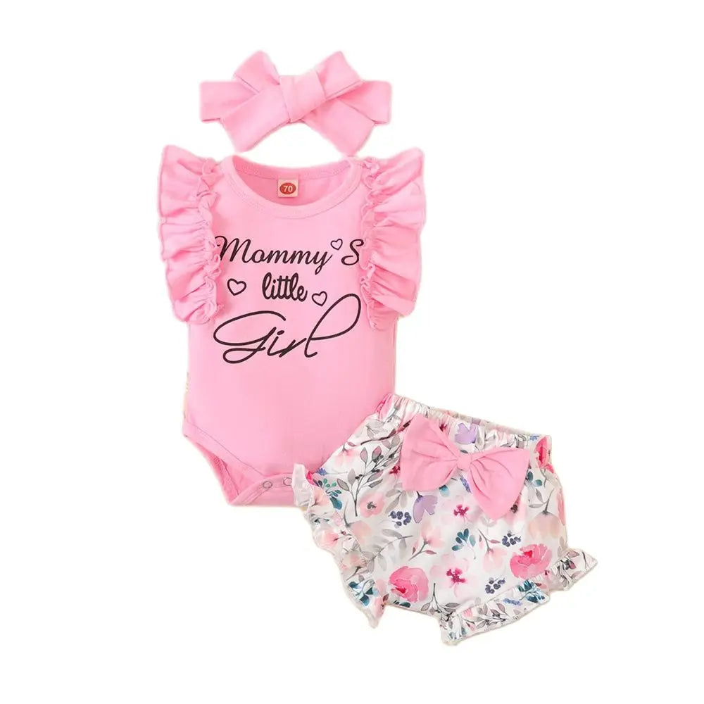Infant/Toddler Girls 3pc-Set Mommy's Girl Ruffle Sleeve Romper Top / Flower Shorts / Headband (Newborn - 18Mo)