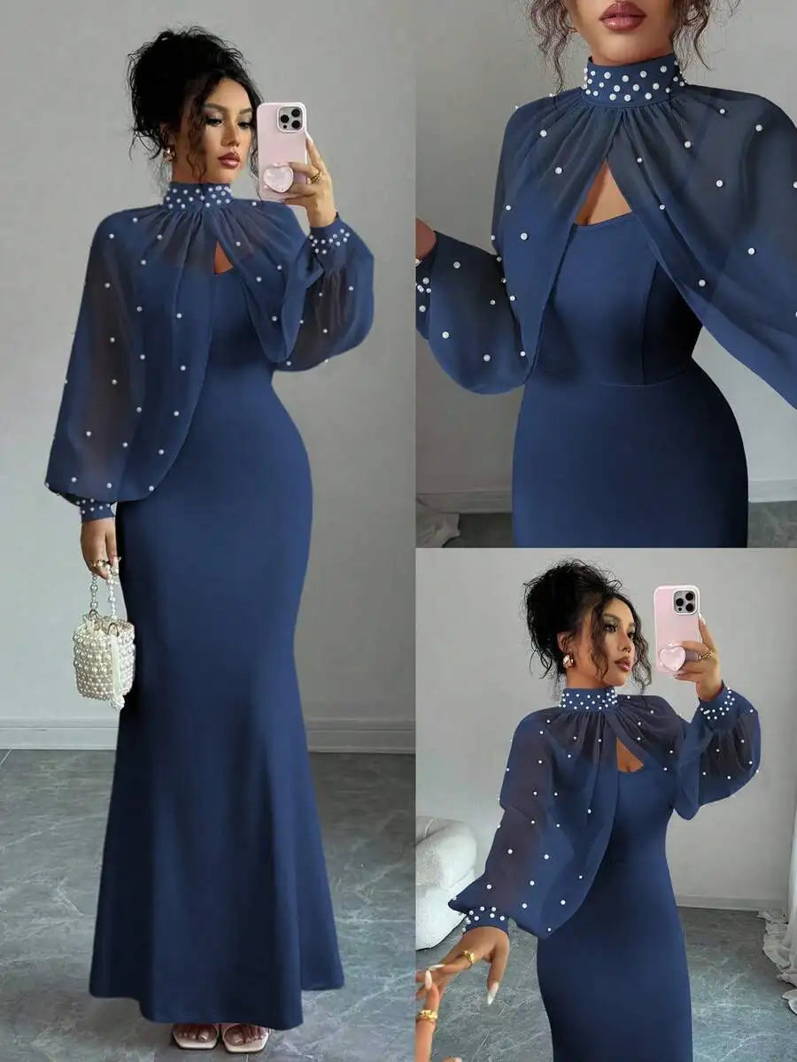 Elegant Bodycon Gown with Beaded Sheer Capelet Dress Set (10 colors available)
