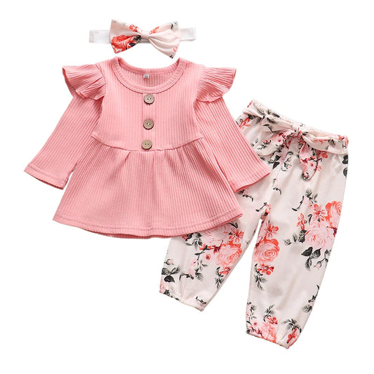Infant/Toddler Girls 3pc-Set Long Sleeve Top - Floral Pants - Headband (3-24mo)