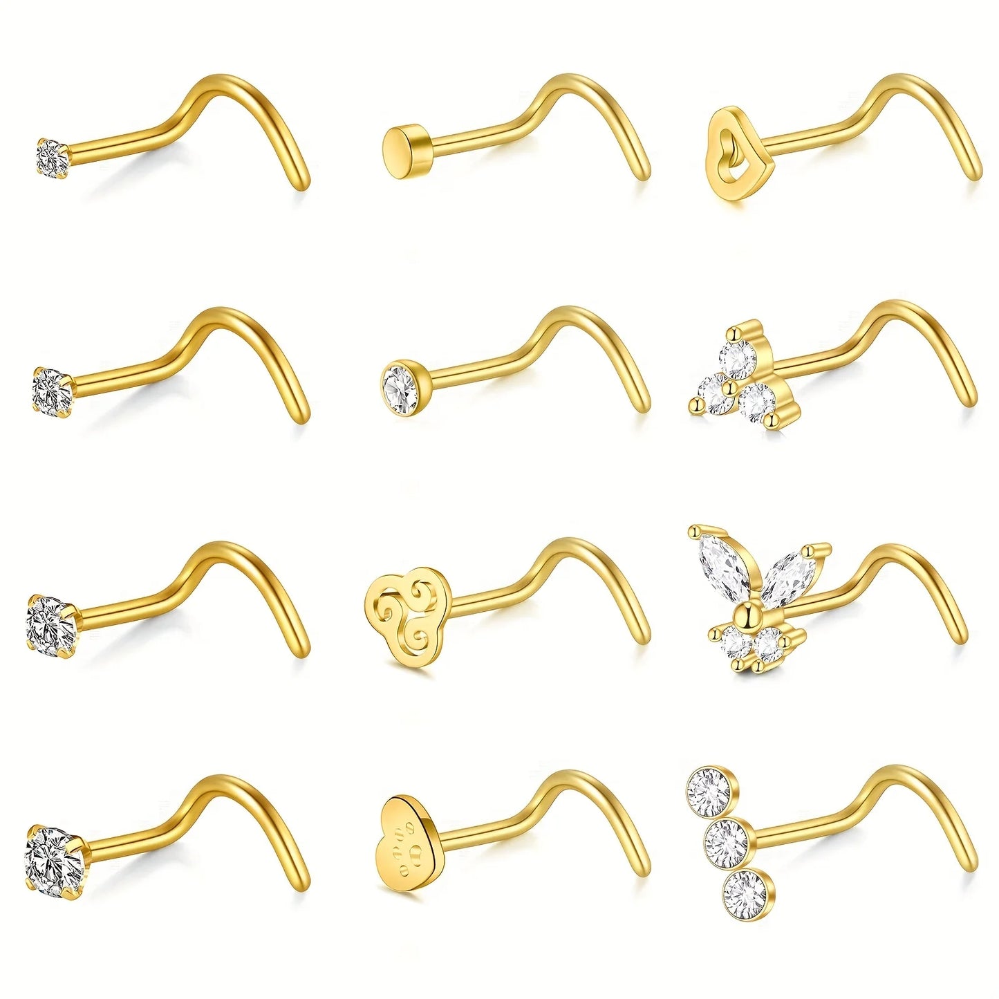 Stylish Fashion Nose Rings - 20G Hook Nose Studs 12ps Set - Stainless Steel (Gold / Silver available)