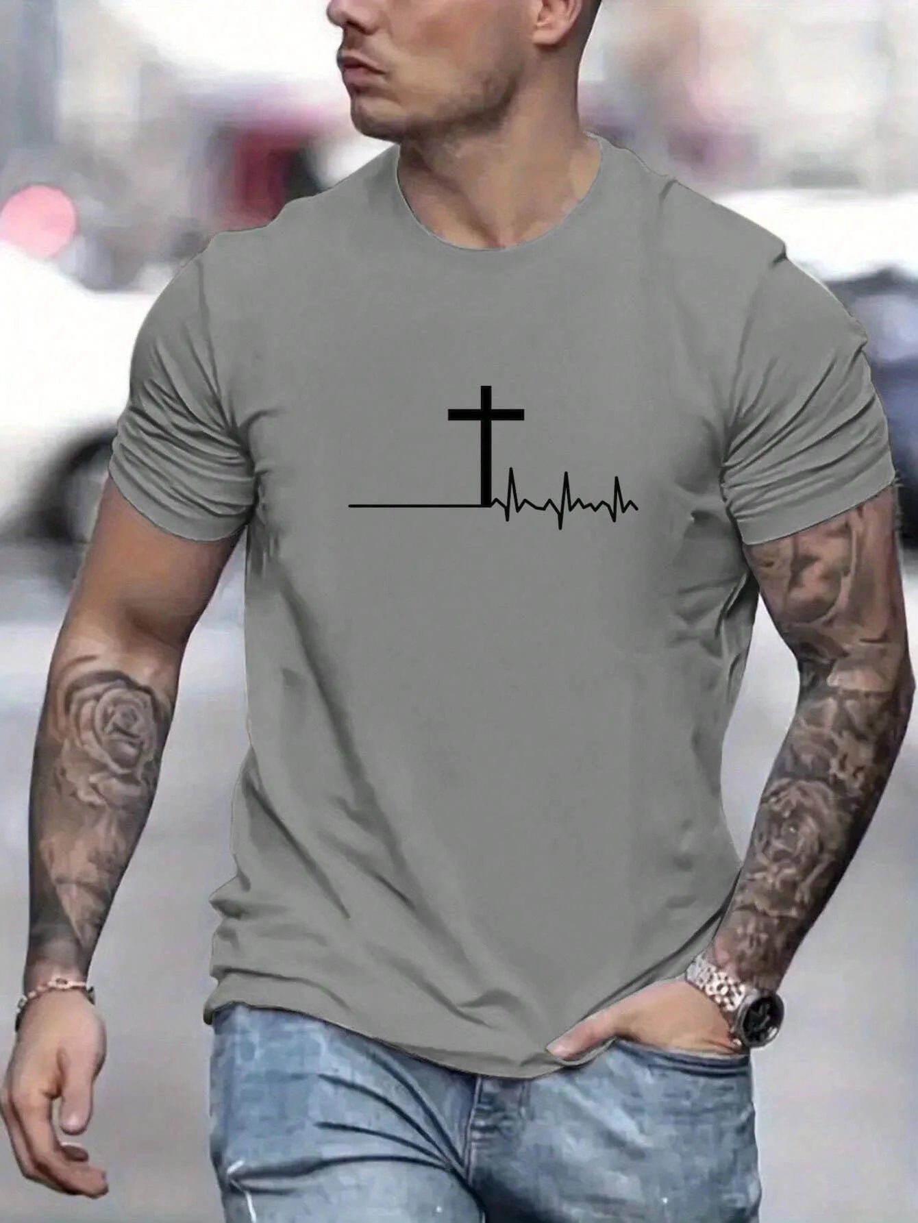 Fashion T-Shirt Cross Print - 100% Cotton - Loose, Comfortable, Casual