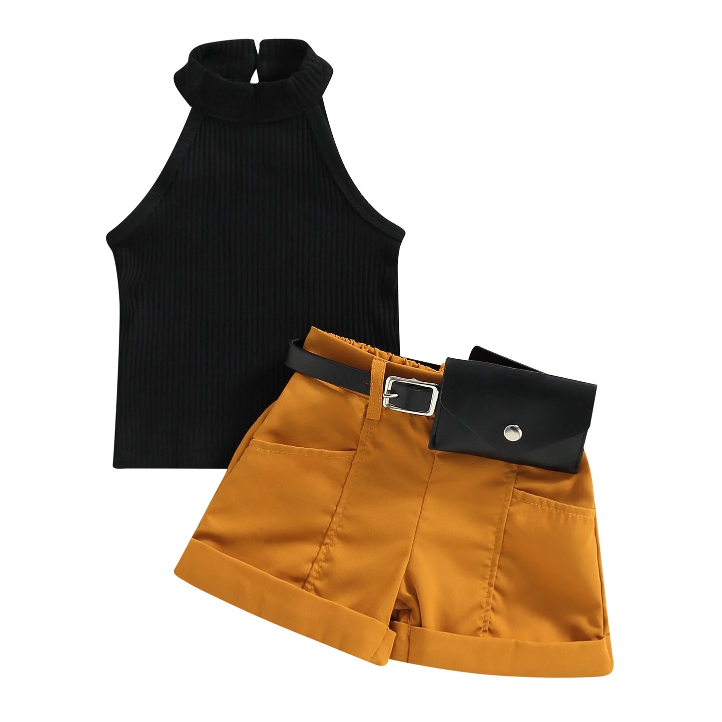 Toddler Girls Outfit Solid Color Ribbed Stand-Up Collar Top / Belted Shorts / Small Waist Pack 3pc-Set (9mo-4T)