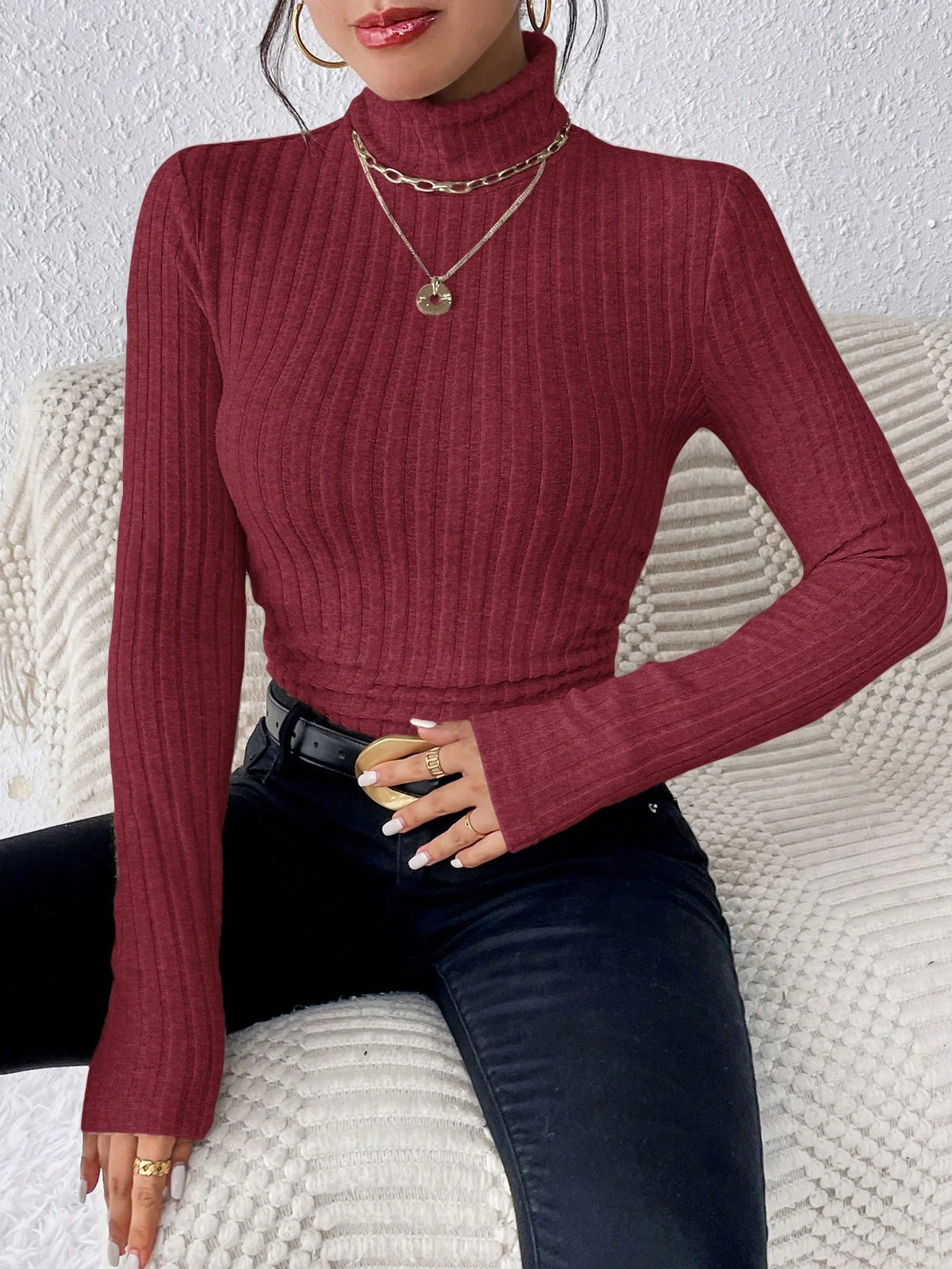 Autumn and Winter Women's Casual Top - High Neck / Long Sleeve / Slim Knit