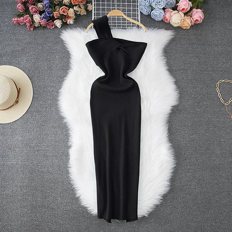 Fashion Trendy One-Shoulder Sleeveless Dress (4 colors avalable)