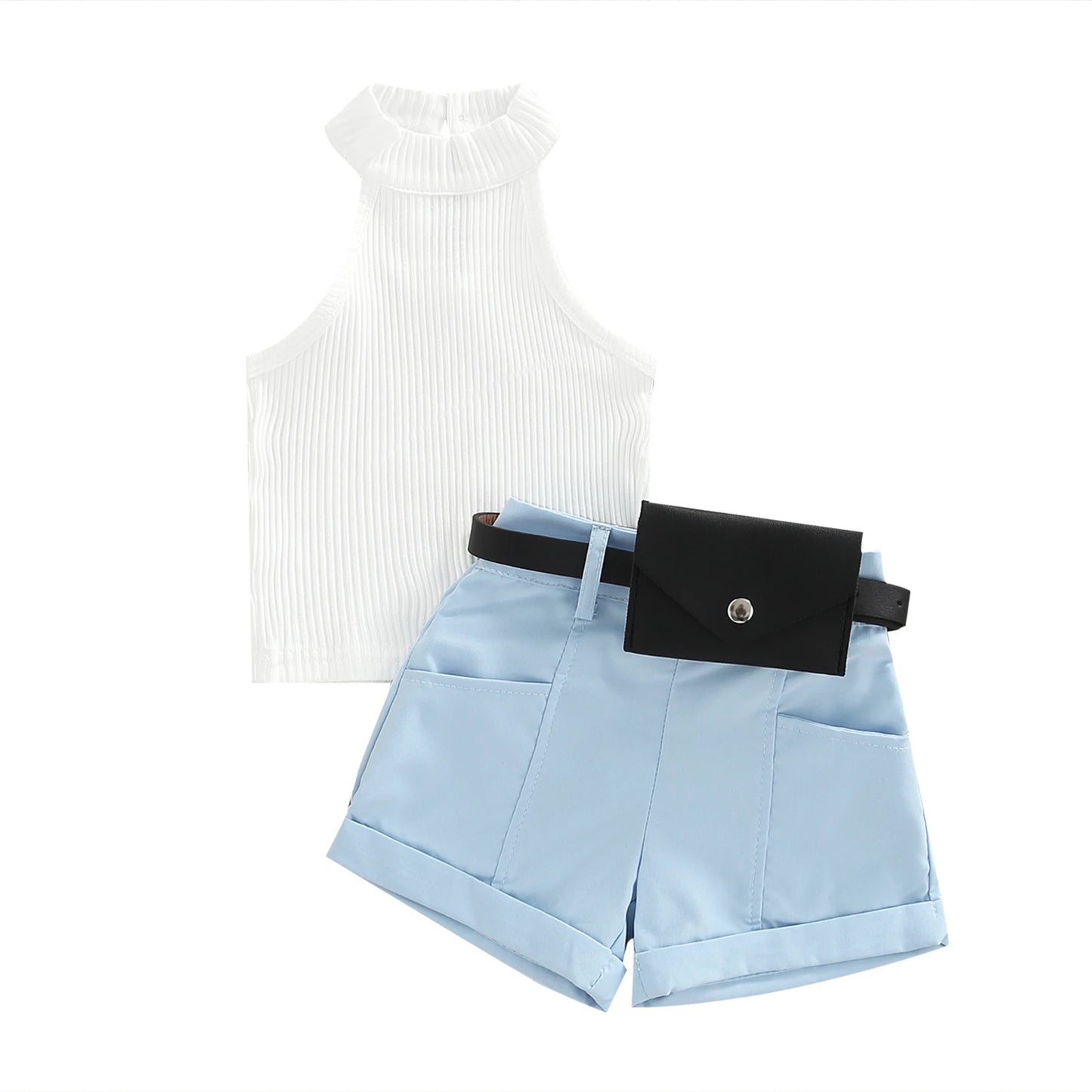 Toddler Girls Outfit Solid Color Ribbed Stand-Up Collar Top / Belted Shorts / Small Waist Pack 3pc-Set (9mo-4T)