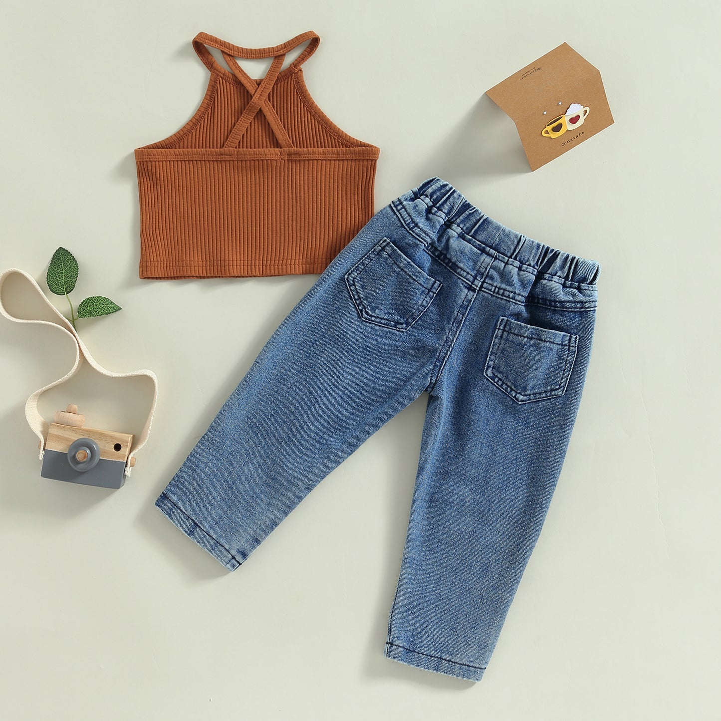 Toddler Girls 2pc-Set Summer Pants Outfit Sleeveless Camisole Elastic Waist Ripped Jeans (18mo-6yrs)