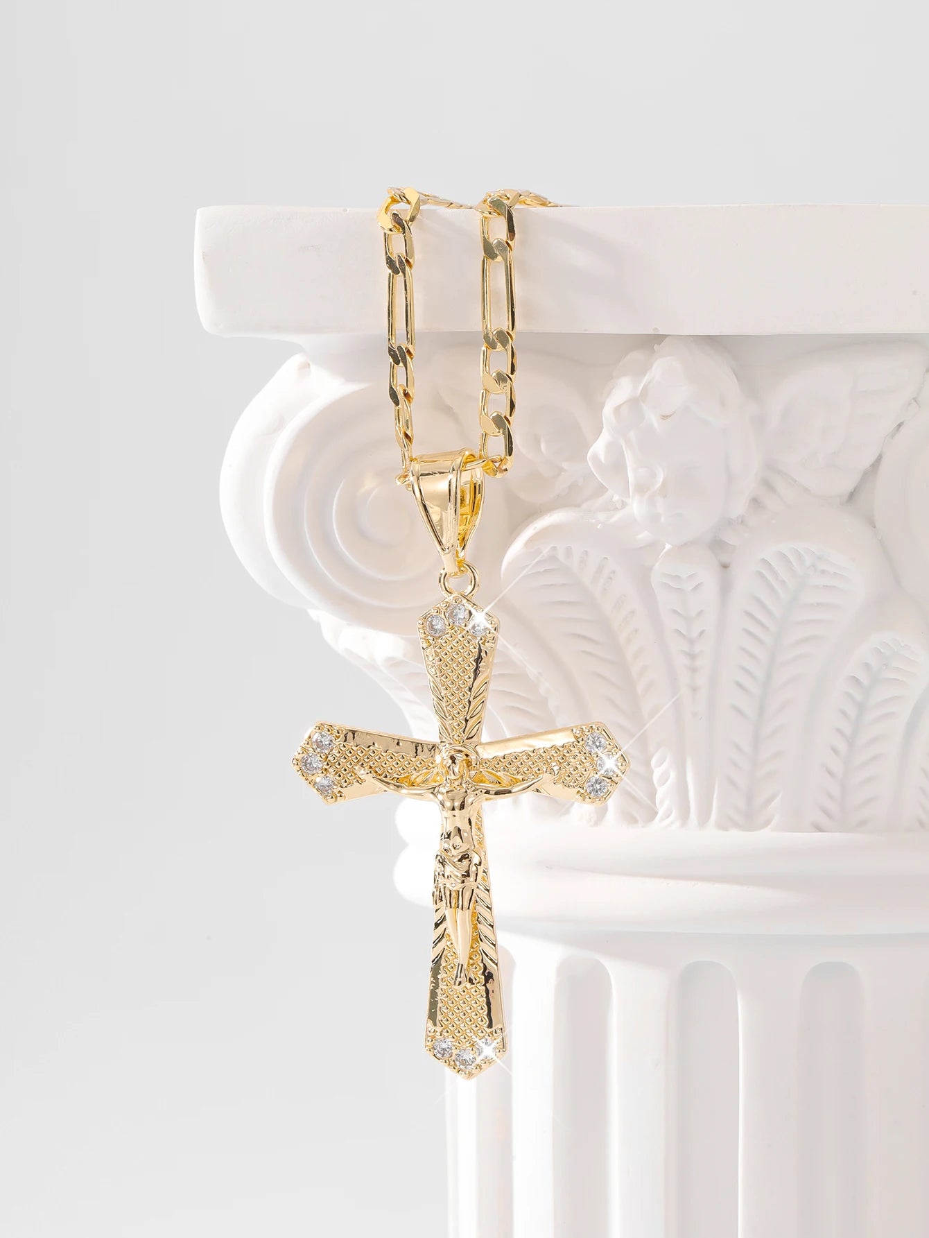 Elegant Crucifix Pendant - Gold Figaro Style Chain Necklace