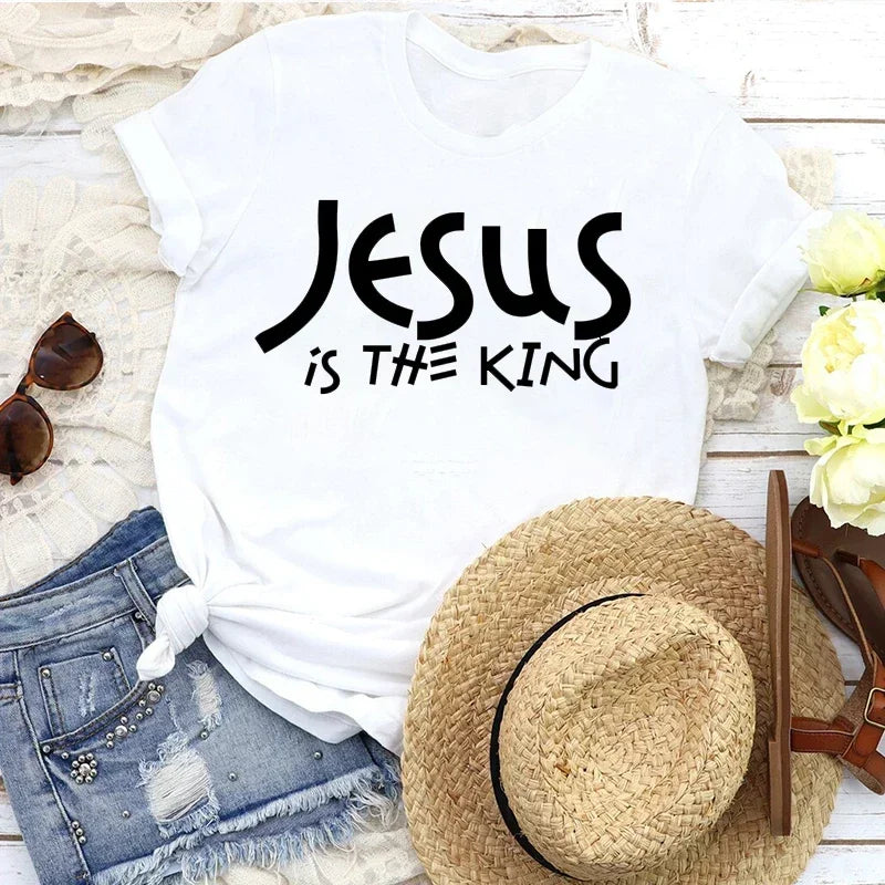 Womens Religious T-Shirt - "Jesus Is King"
(2 colors available)