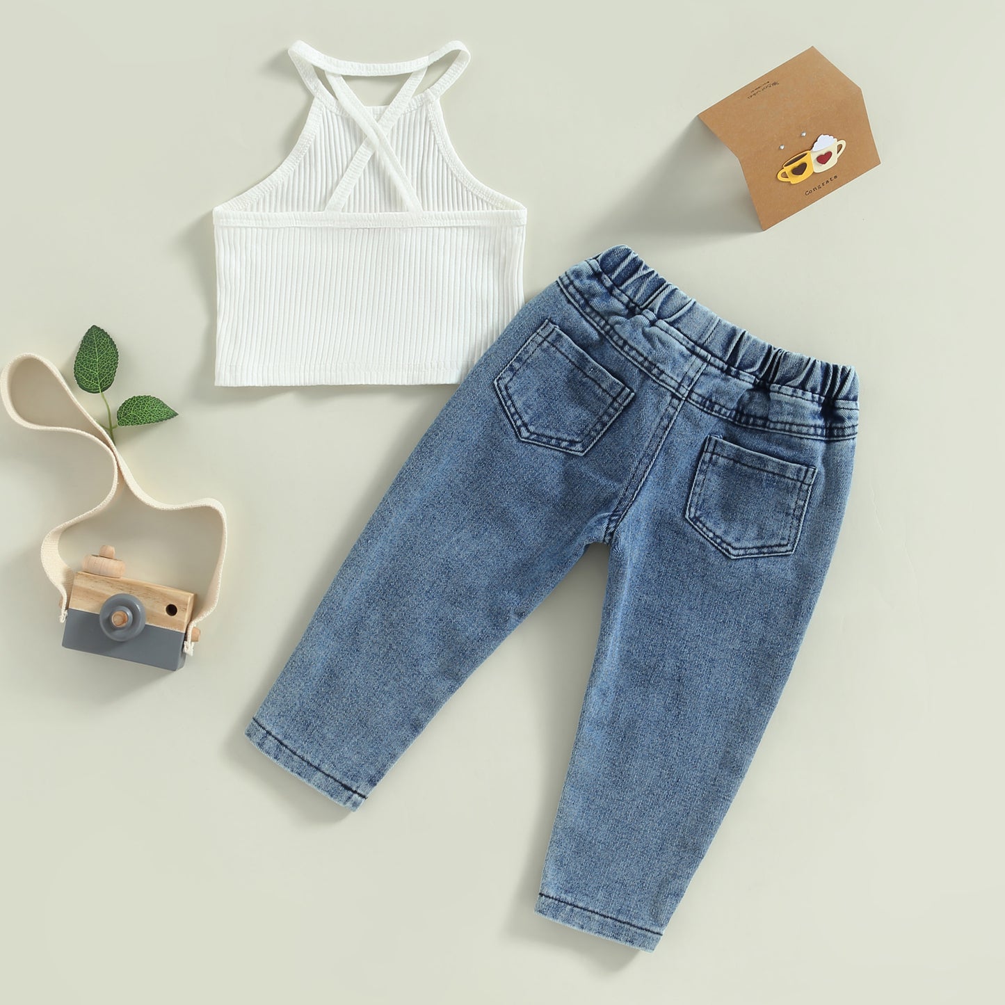 Toddler Girls 2pc-Set Summer Pants Outfit Sleeveless Camisole Elastic Waist Ripped Jeans (18mo-6yrs)