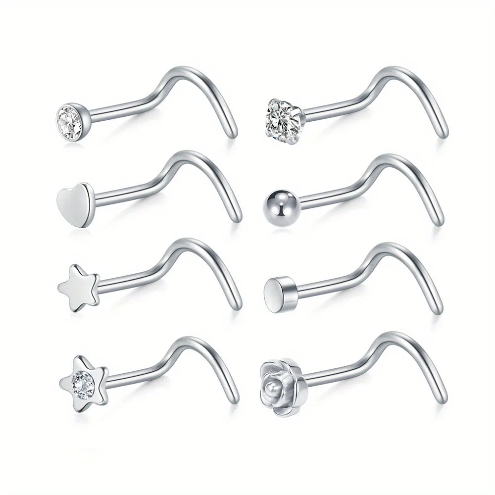 Trendy Nose Ring 8 Pc-Set Stainless Steel - Silver