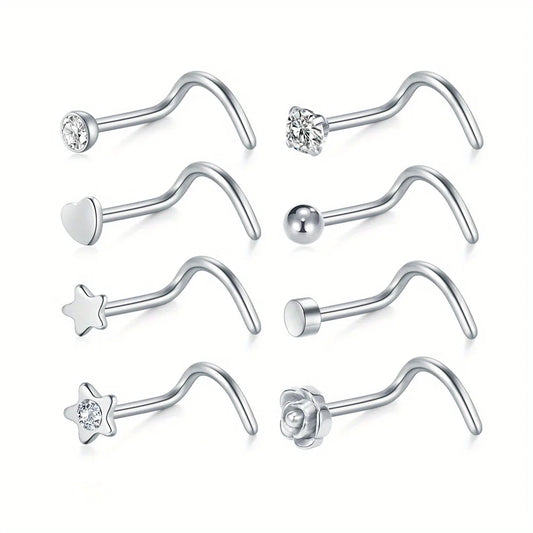 Trendy Nose Ring 8 Pc-Set Stainless Steel - Silver