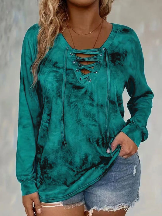 Plus Size Tie Dye Elegant Lace-Up Top