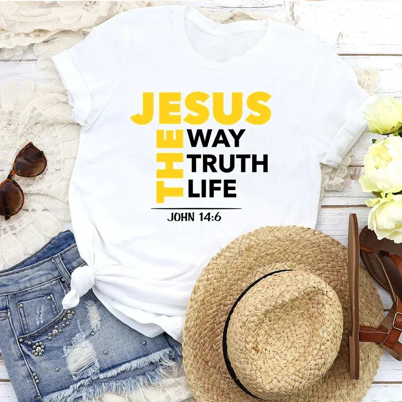 Inspirational Womens Religious Tee - "Jesus Way Truth Life" (2 colors available)