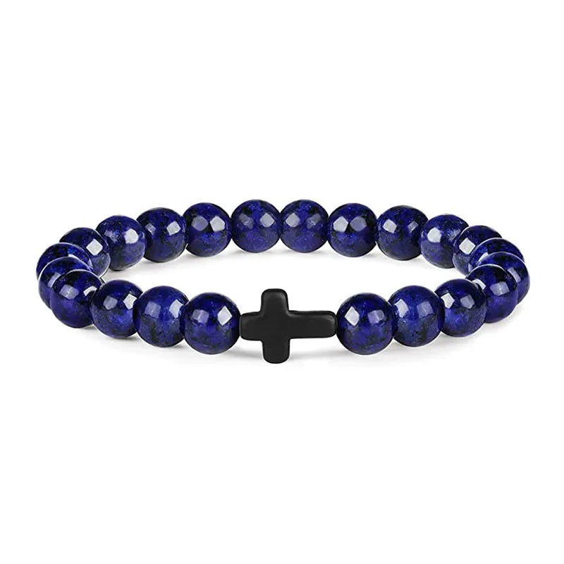 Cross Bracelets - Natural Stone Onyx / Hematite / Wood Beads