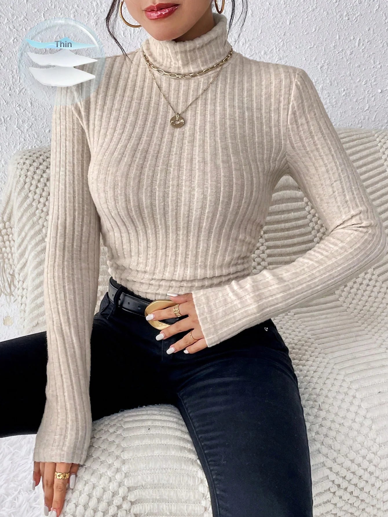 Autumn and Winter Women's Casual Top - High Neck / Long Sleeve / Slim Knit