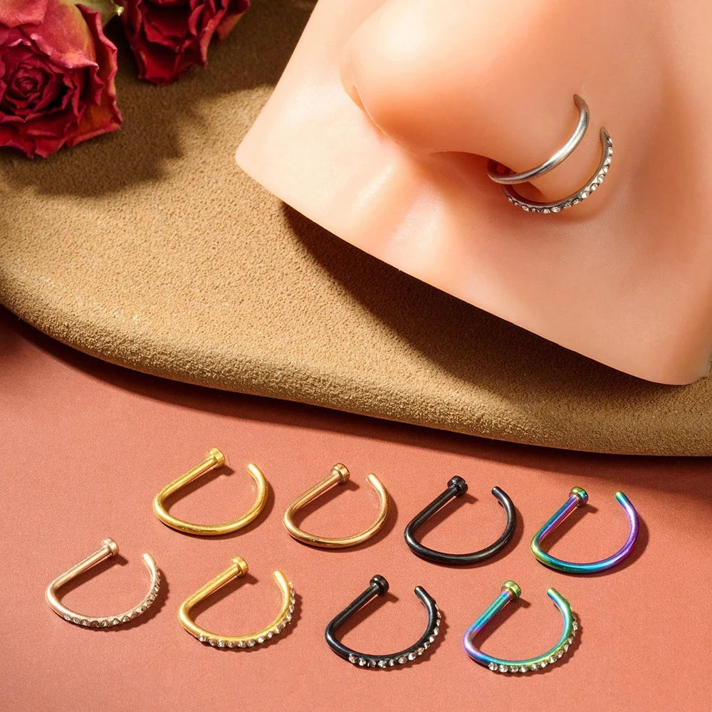 Stylish Fashion Nose Ring Non-Piercing 18G / D-Shaped 2pc Set - Stainless Steel (5 colors available)