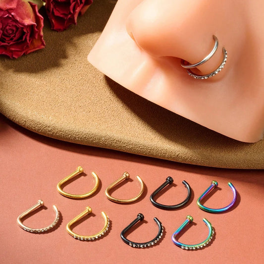 Stylish Fashion Nose Ring Non-Piercing 18G / D-Shaped 2pc Set - Stainless Steel (5 colors available)