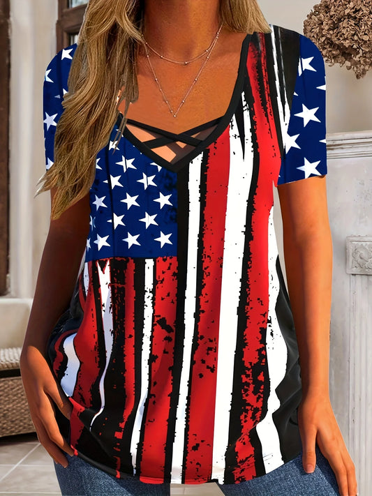 Plus Size Flag Print Criss Cross Top