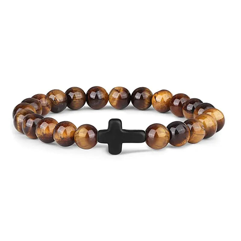 Cross Bracelets - Natural Stone Onyx / Hematite / Wood Beads