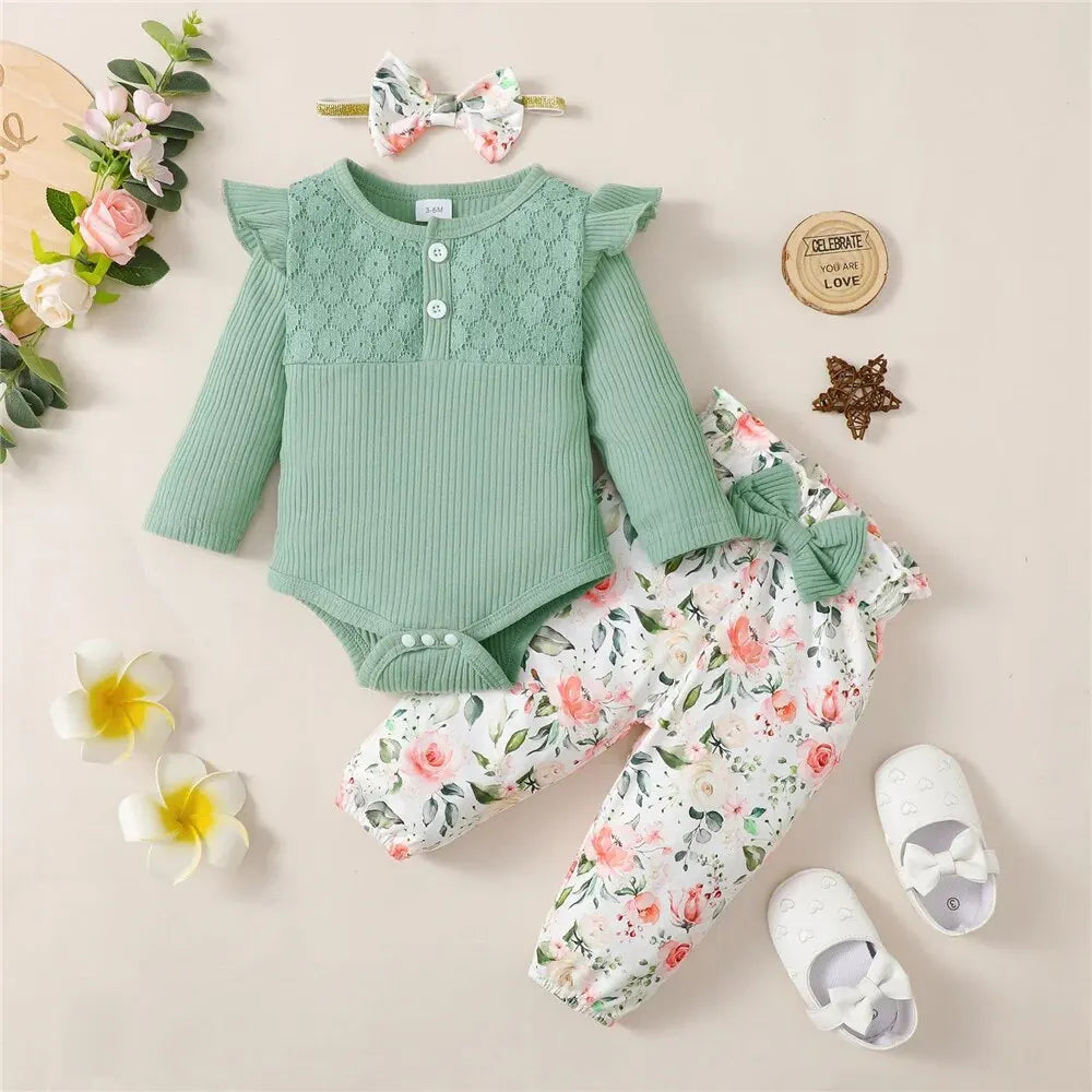 Infant/Toddler Girls 3pc-Set Long Sleeve Romper Top / Flower Pants & Headband (Newborn -18 Months)