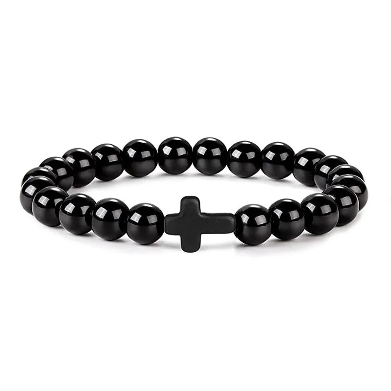Cross Bracelets - Natural Stone Onyx / Hematite / Wood Beads