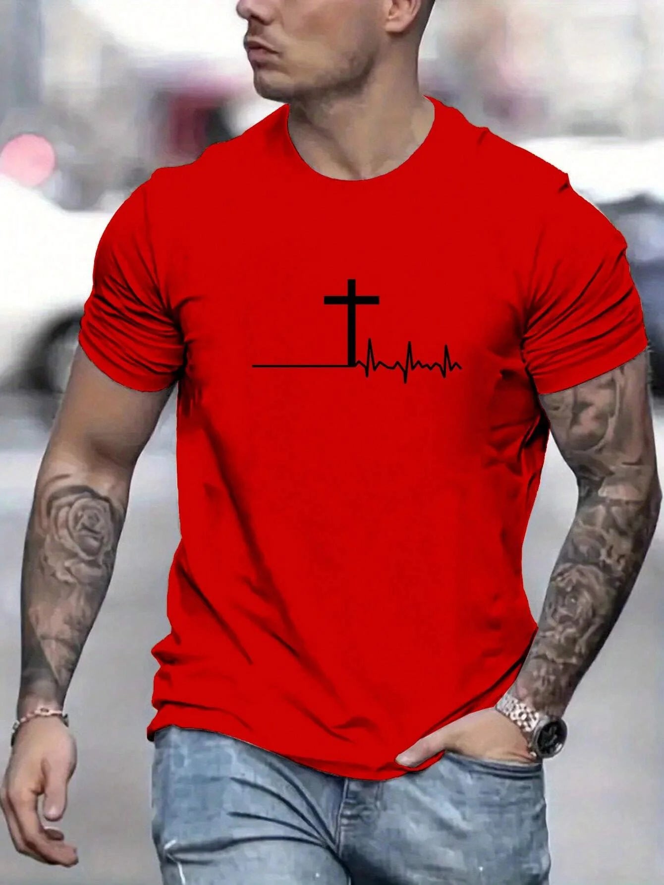 Fashion T-Shirt Cross Print - 100% Cotton - Loose, Comfortable, Casual