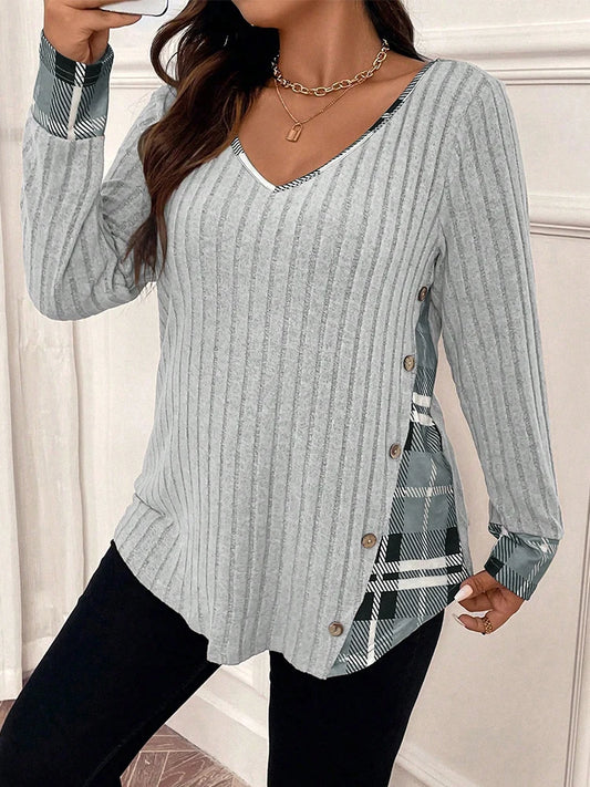 Plus Size 1XL-5XL Women's Casual Fashion V Neck Long Sleeve Top
