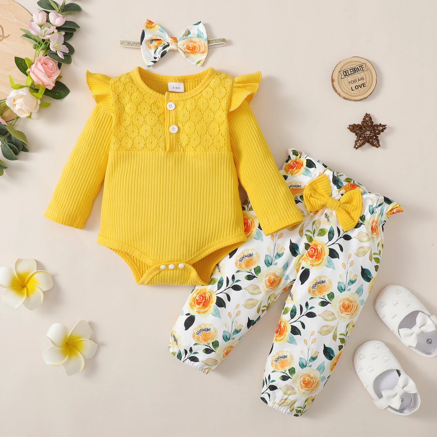 Infant/Toddler Girls 3pc-Set Long Sleeve Romper Top / Flower Pants & Headband (Newborn -18 Months)