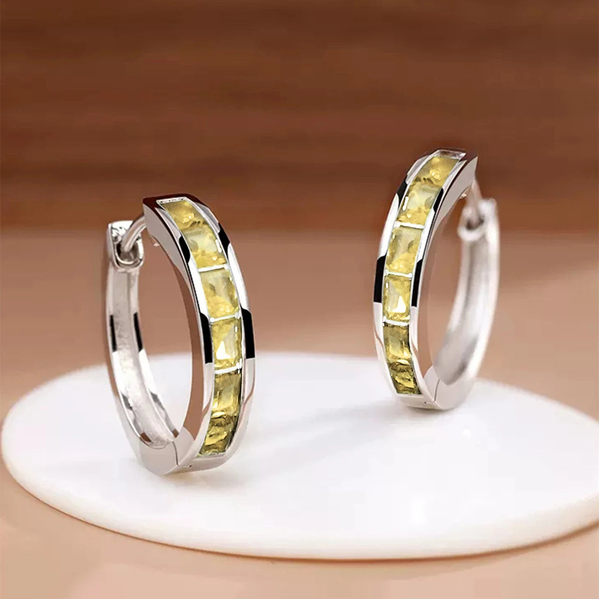 Elegant Classic Princess Cut Hoop Earrings - Diamonds & Colored Stones