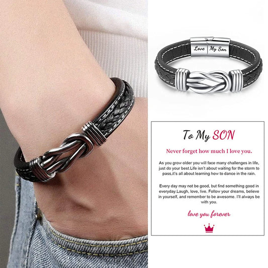 "Keepsake" Stainless Steel Knot Bracelet - To My Son - To My Grandson - Love You Forever - Braided Leather