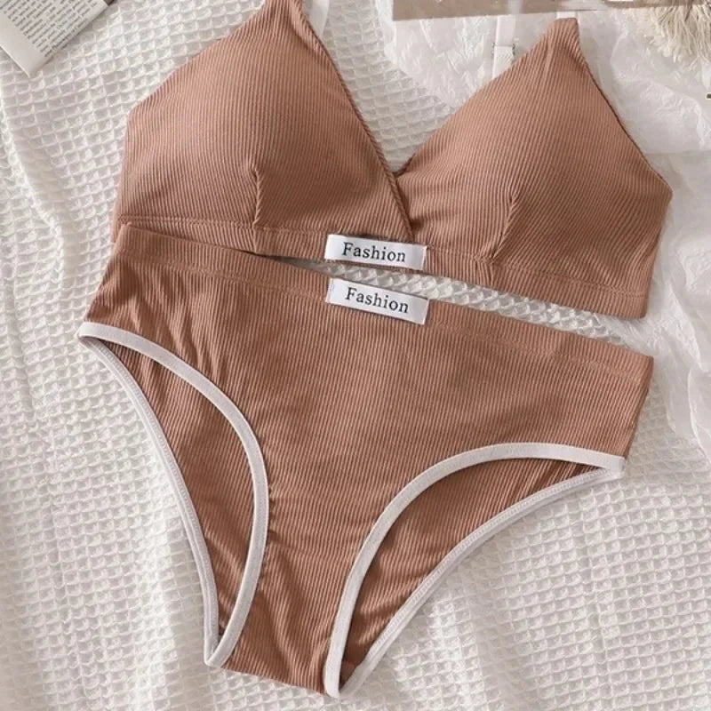 Sport 2pc Cotton Bralette - Vneck Brassiere Bra / Briefs Low Waist Panty